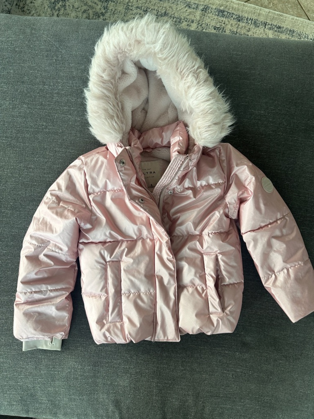 abercrombie kids light pink faux-fur lined puffer jacket